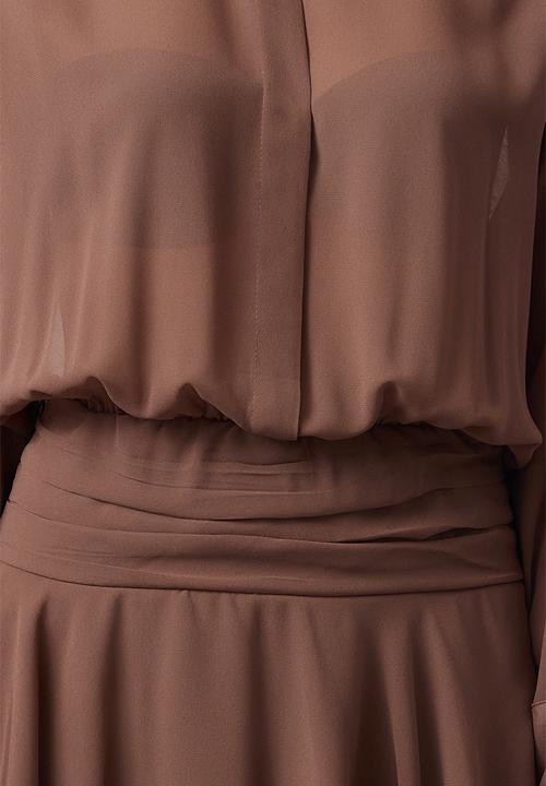 Trendyol - Shirt Collar Detailed Chiffon Evening Prom Dress - Brown
