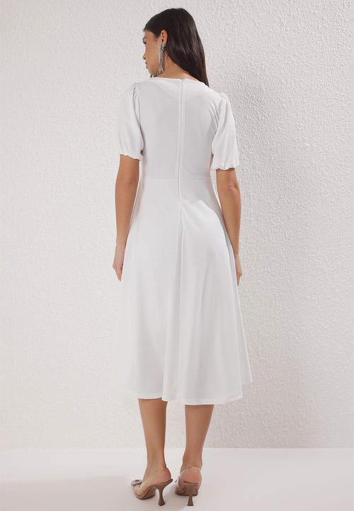 Trendyol - A-line bow lined knitted stylish dress - white