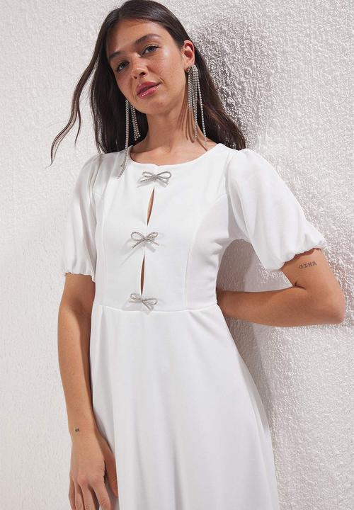 Trendyol - A-line bow lined knitted stylish dress - white