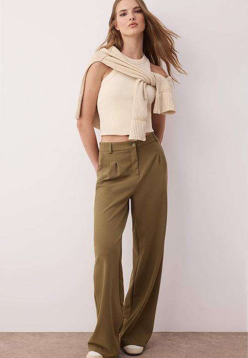 Trendyol - Khaki Pleated Wide Leg Trousers  - Light Khaki