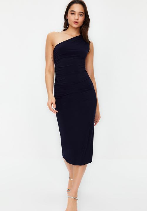 Trendyol - One shoulder draped fitted maxi flexible knitted midi pencil dress - navy blue