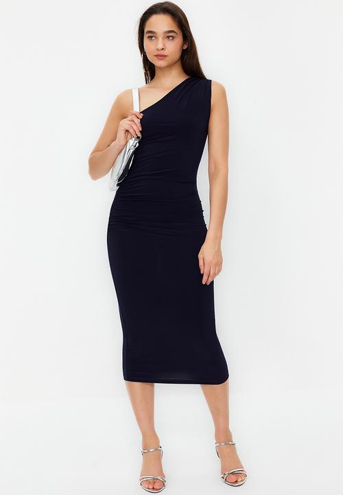 Trendyol - One shoulder draped fitted maxi flexible knitted midi pencil dress - navy blue