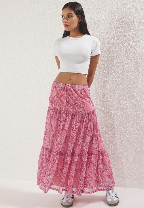 Trendyol - Tulle Floral Printed Stretchy Maxi Skirt - Pink