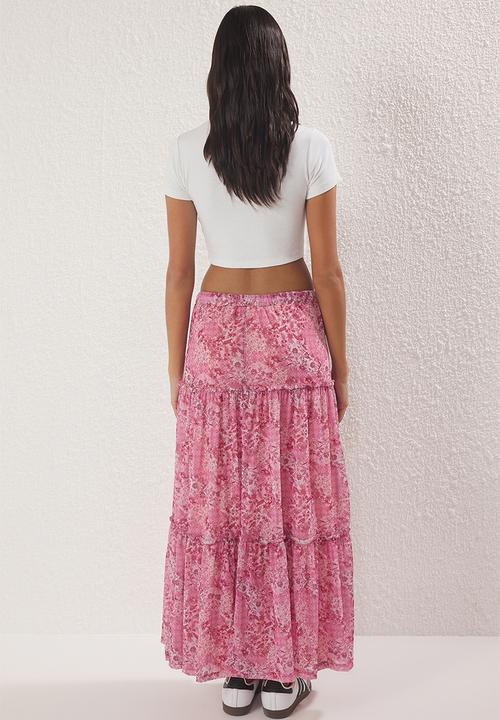 Trendyol - Tulle Floral Printed Stretchy Maxi Skirt - Pink