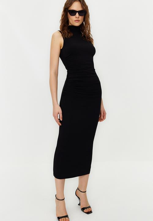 Zero sleeve draped bodycone/fits body flexible knitted maxi pencil dress -  black