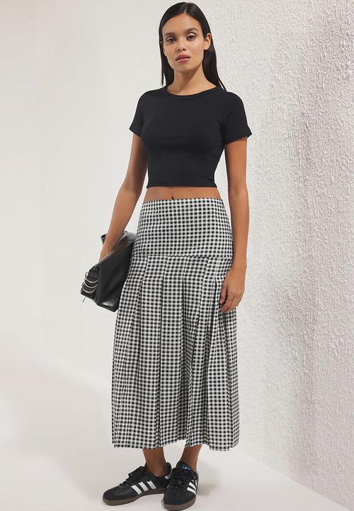 Trendyol - Plaid/Gingham Pleated Midi Woven Skirt - Black