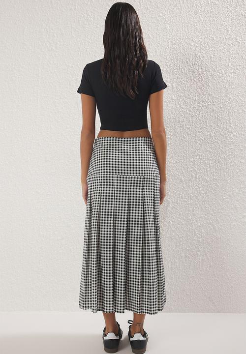 Trendyol - Plaid/Gingham Pleated Midi Woven Skirt - Black