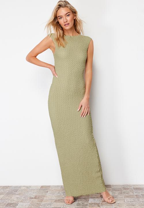 Trendyol - Textured fabric fitted moon sleeve stretchy knitted midi pencil dress - khaki