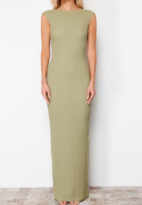 Trendyol - Textured fabric fitted moon sleeve stretchy knitted midi pencil dress - khaki