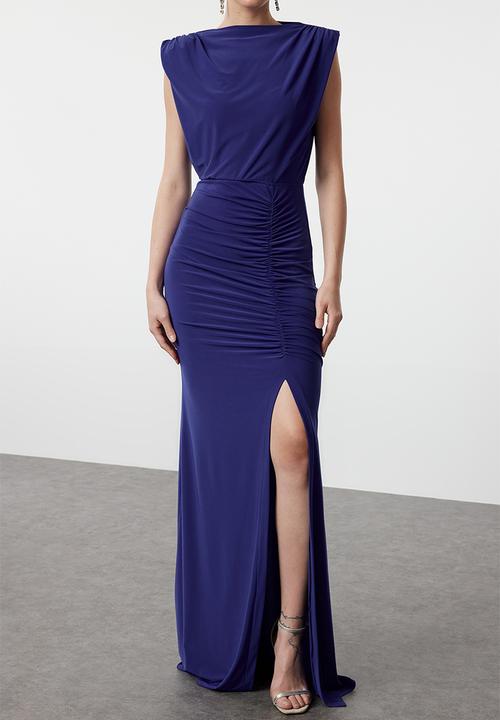 Trendyol - Fitted Draped Woven Long Elegant Evening Dress - sax
