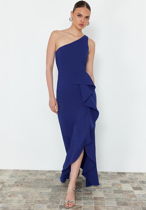 Trendyol - Flounce Single Sleeve Woven Long Evening Dress - blue