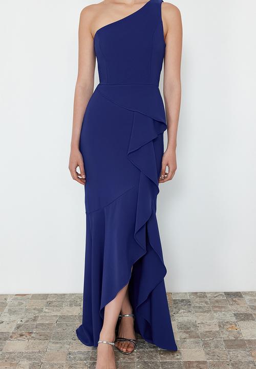 Trendyol - Flounce Single Sleeve Woven Long Evening Dress - blue