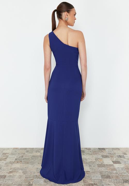 Trendyol - Flounce Single Sleeve Woven Long Evening Dress - blue