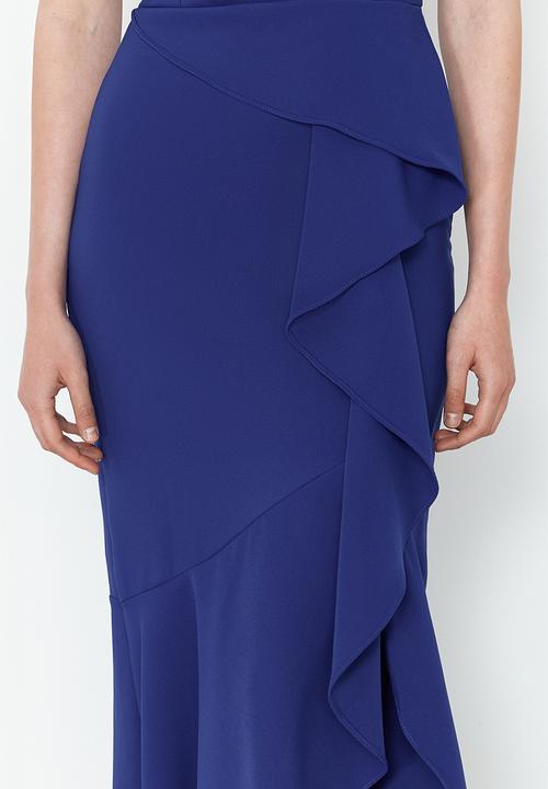 Trendyol - Flounce Single Sleeve Woven Long Evening Dress - blue