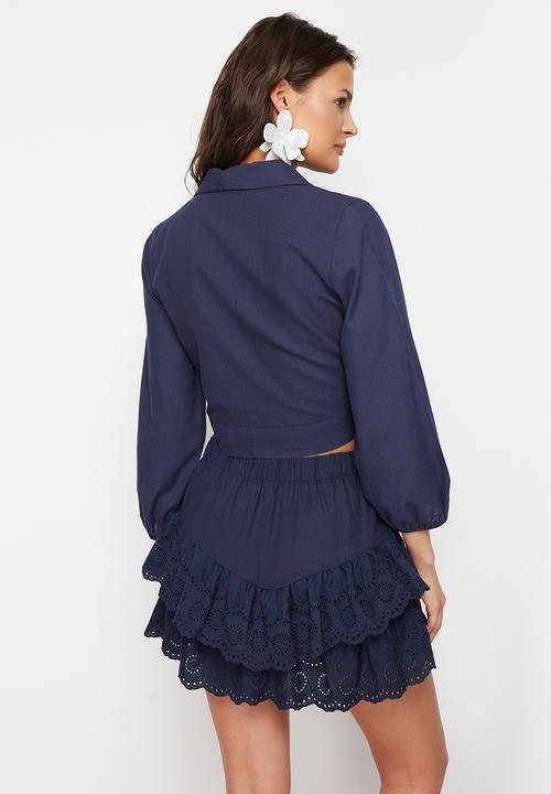 Trendyol - Crop Woven Tied Flamed Cotton Beach Blouse - Navy