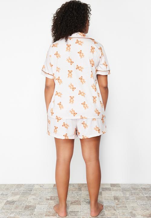 Trendyol - Beige Teddy Bear Patterned Shirt Collar Knitted Pajama Set