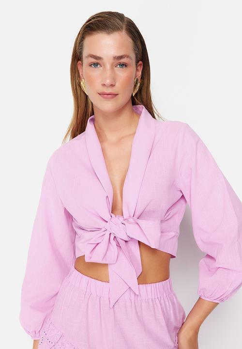 Trendyol - Crop Woven Tied Flamed Cotton Beach Blouse - Pink