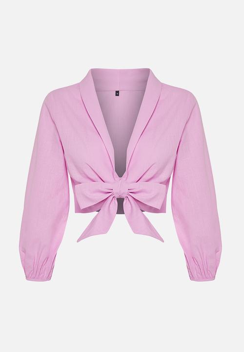 Trendyol - Crop Woven Tied Flamed Cotton Beach Blouse - Pink