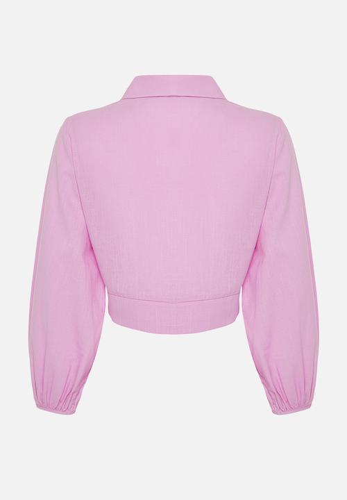 Trendyol - Crop Woven Tied Flamed Cotton Beach Blouse - Pink