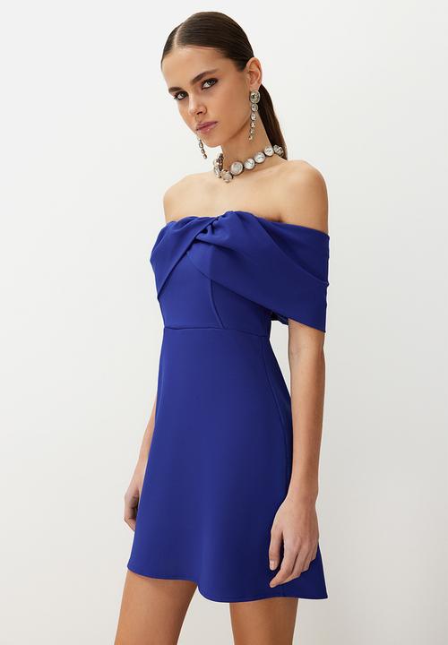 Trendyol - A-line Carmen Collar Woven Mini Dress - blue