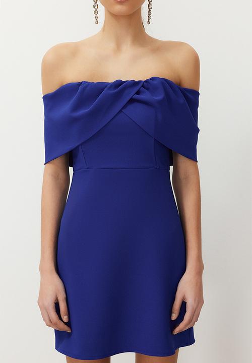 Trendyol - A-line Carmen Collar Woven Mini Dress - blue