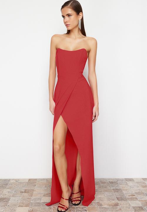 Trendyol - Corset Detailed Woven Long Evening Dress - Red