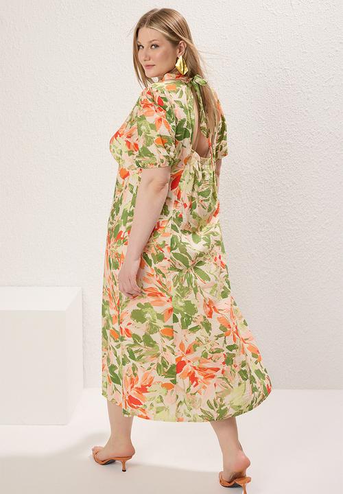 Trendyol - Stand collar balloon sleeve midi lilyum woven plus size dress - multi