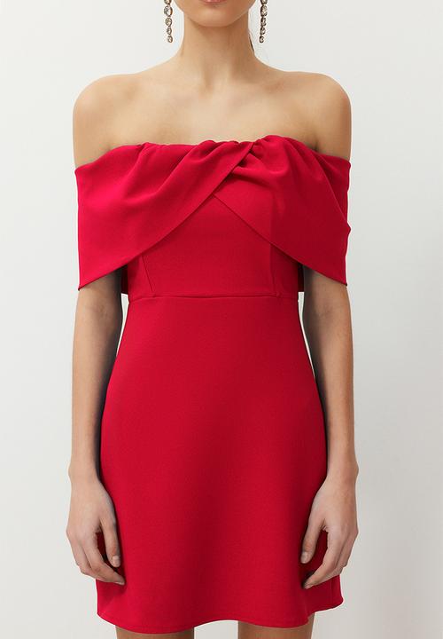 Trendyol - A-line Carmen Collar Woven Mini Dress - Red