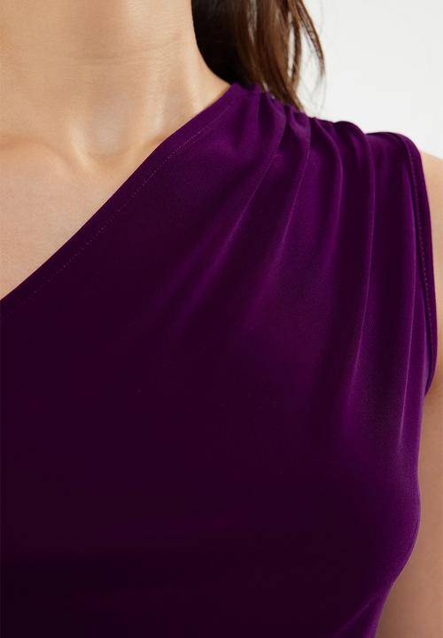 Trendyol - Straight one-shoulder draped fitted stretchy knitted dress - dark purple