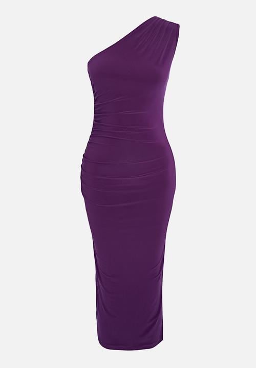 Trendyol - Straight one-shoulder draped fitted stretchy knitted dress - dark purple