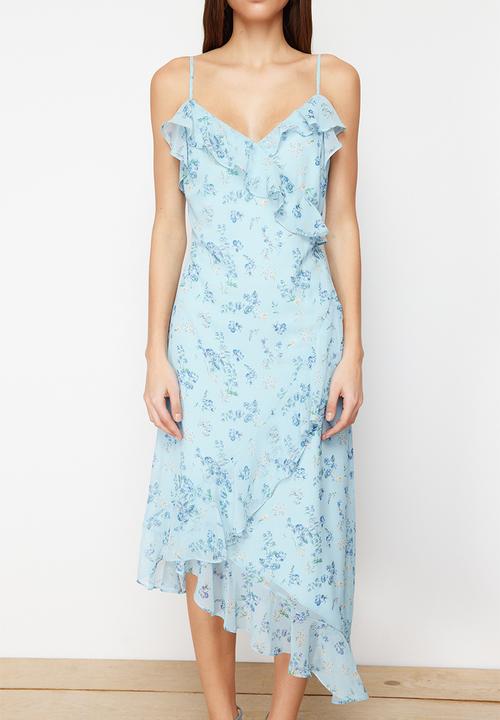 Trendyol - Floral Ruffle A-line Chiffon Lined Midi Woven Dress - Blue