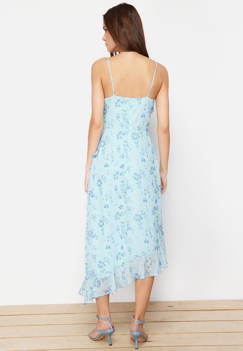 Trendyol - Floral Ruffle A-line Chiffon Lined Midi Woven Dress - Blue