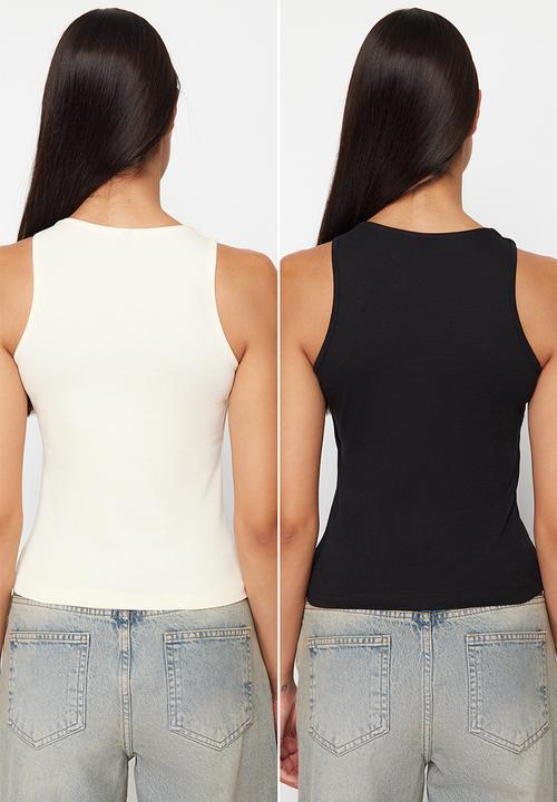 Trendyol - Cotton halter collar fitted flexible 2 pack knitted undershirt - black-stone