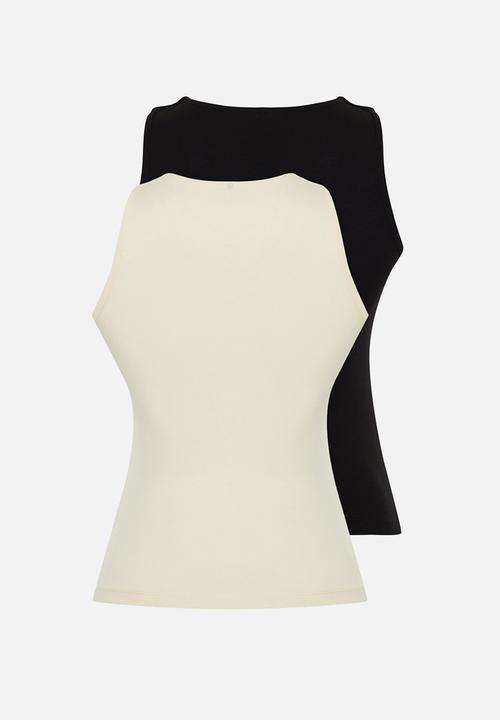 Trendyol - Cotton halter collar fitted flexible 2 pack knitted undershirt - black-stone