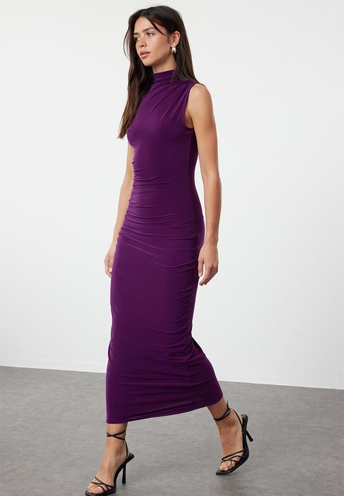 Trendyol - Plain gathered maxi zero sleeve draped bodycone/fits body stretch knit dress - purple