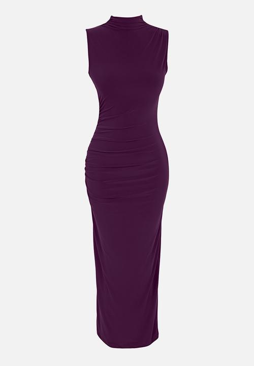 Trendyol - Plain gathered maxi zero sleeve draped bodycone/fits body stretch knit dress - purple