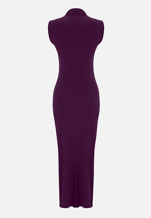 Trendyol - Plain gathered maxi zero sleeve draped bodycone/fits body stretch knit dress - purple