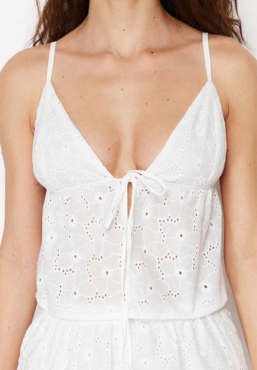 Trendyol - Floral Lined Self-Patterned Shorts Woven Pajama Set - White 