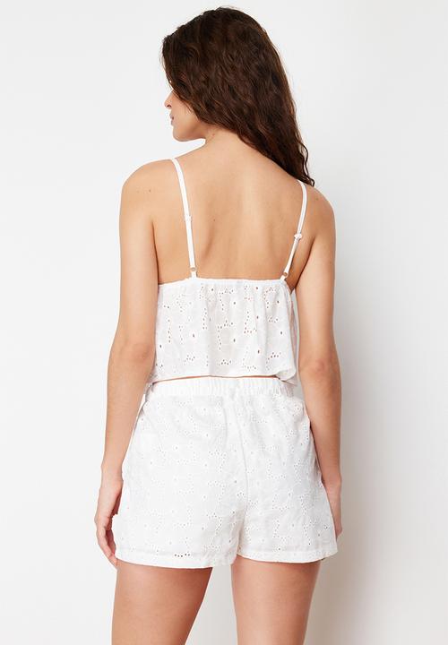 Trendyol - Floral Lined Self-Patterned Shorts Woven Pajama Set - White 