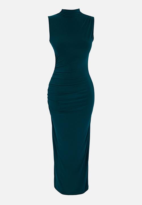 Trendyol - Straight sleeve draped bodycon/fitting flexible knitted dress - emerald