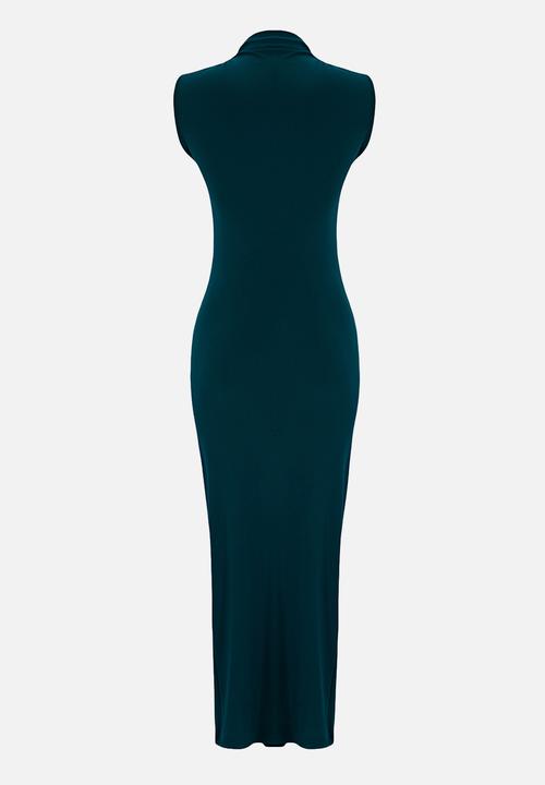 Trendyol - Straight sleeve draped bodycon/fitting flexible knitted dress - emerald