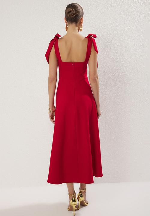 Trendyol - A-Line Strap Detailed Woven Midi Chic Evening Prom Dress - Red