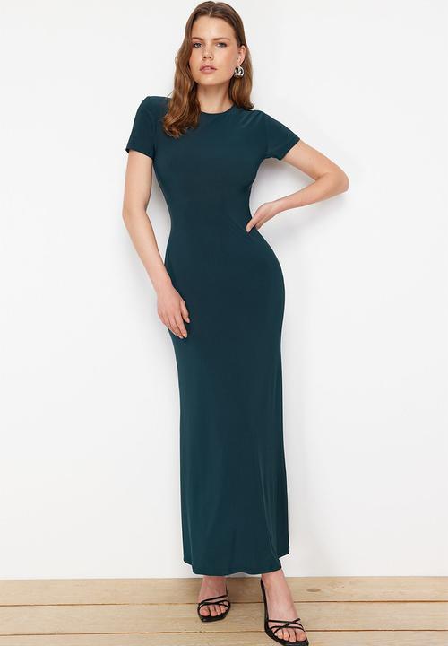 Trendyol - Fitted crew neck flexible knitted maxi pencil dress - emerald