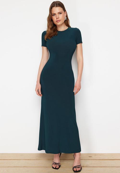 Trendyol - Fitted crew neck flexible knitted maxi pencil dress - emerald