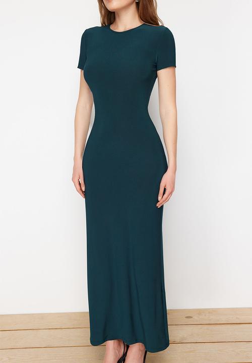 Trendyol - Fitted crew neck flexible knitted maxi pencil dress - emerald