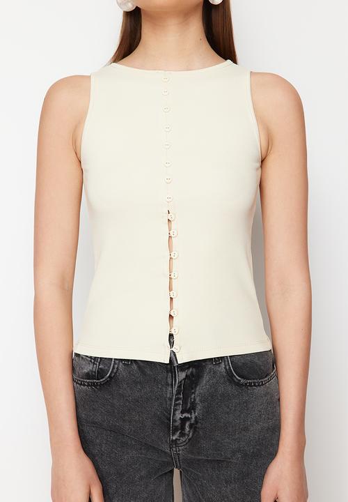 Trendyol - Buttoned fitted stretchy knitted blouse - stone