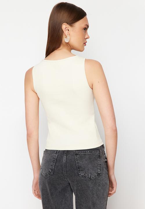 Trendyol - Buttoned fitted stretchy knitted blouse - stone