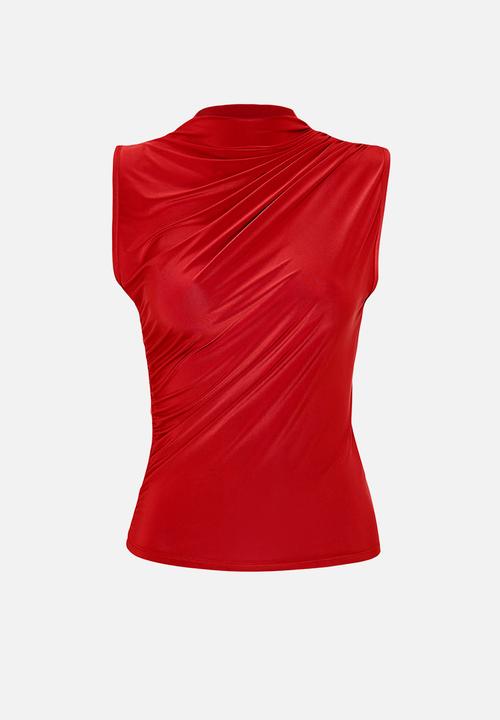 Trendyol - Gathered, fitted, stretchy knitted top - red
