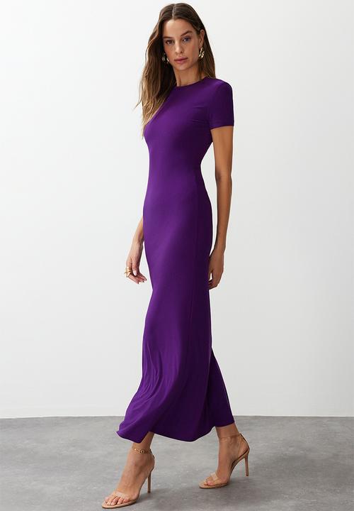 Trendyol - Short sleeve bodycone/fitting crew neck stretchy knitted maxi pencil dress - purple