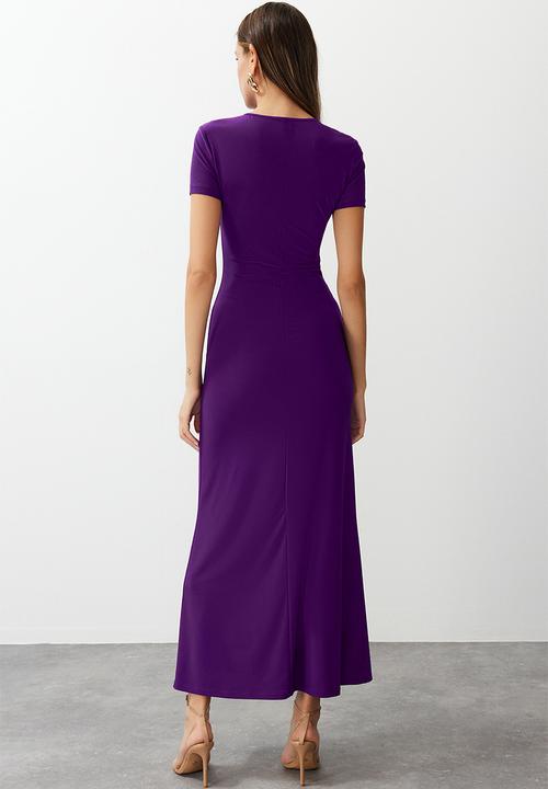 Trendyol - Short sleeve bodycone/fitting crew neck stretchy knitted maxi pencil dress - purple